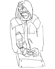 Fototapeta premium Human silhouette hand drawn one line flat illustration. Woman with bag travels in public transport people wearing mask. Line art sketch phone in hands listen music playing game public transport