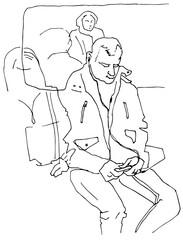 Human silhouette hand drawn one line flat illustration. Set Guy with backpack travels in public transport people wearing mask. line art sketch phone in hands concept smartphone as a part of life