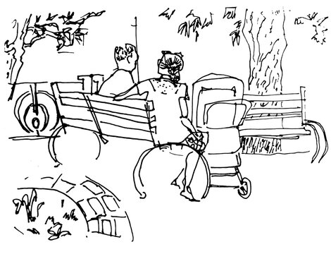 Linear sketch people sitting in park on bench with pram. Family couple relaxing in park illustration sketch young family spending time together Concept new generation parents children birth of child