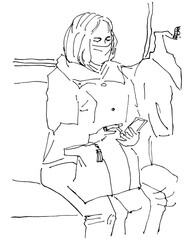 Human silhouette hand drawn one line flat illustration. Woman with bag travels in public transport people wearing mask. Line art sketch phone in hands listen music playing game public transport