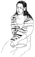 Fashion girl line art clipart. Female with backpack bag with long hair. Modern girl fashion art silhouette faces of people Smartphone use. Minimalism concept.   Hand drawn trendy illustration