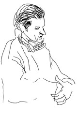 Flat Illustration Young Guy Line Drawing with Phone in Hands. One Line Minimalistic Realistic Cartoon Man Image Comic Style. Character Daily Life Clip Art Simplified Design. Sketch Boy Portrait 