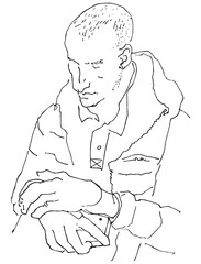 Flat Illustration Young Guy Line Drawing with Phone in Hands. One Line Minimalistic Realistic Cartoon Man Image Comic Style. Character Daily Life Clip Art Simplified Design. Sketch Boy Portrait 