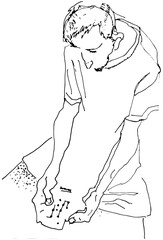 Flat Illustration Young Guy Line Drawing with Phone in Hands. One Line Minimalistic Realistic Cartoon Man Image Comic Style. Character Daily Life Clip Art Simplified Design. Sketch Boy Portrait 