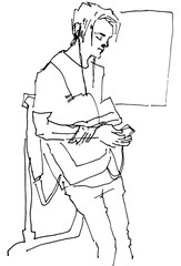 Flat Illustration Young Guy Line Drawing with Phone in Hands. One Line Minimalistic Realistic Cartoon Man Image Comic Style. Character Daily Life Clip Art Simplified Design. Sketch Boy Portrait 