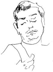 Flat Illustration Young Guy Line Drawing with Phone in Hands. One Line Minimalistic Realistic Cartoon Man Image Comic Style. Character Daily Life Clip Art Simplified Design. Guy With Backpack Travels 