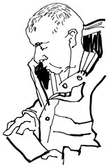 Hand drawn minimalistic line sketch abstract people realistic cartoon comic style man. Concept of elderly person using smartphone. Portrait of retired man clip-art for design  lack of appearance