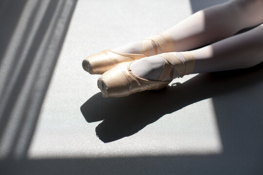 Ballerina In Pointe Shoes At Home. Woman In Body Ballet Studio. Girl Doing Exercises And Stretching. Dance Workout In Ballet Class Room. Dancer Sitting On Sunny Floor. Close Up Of Legs And Feet