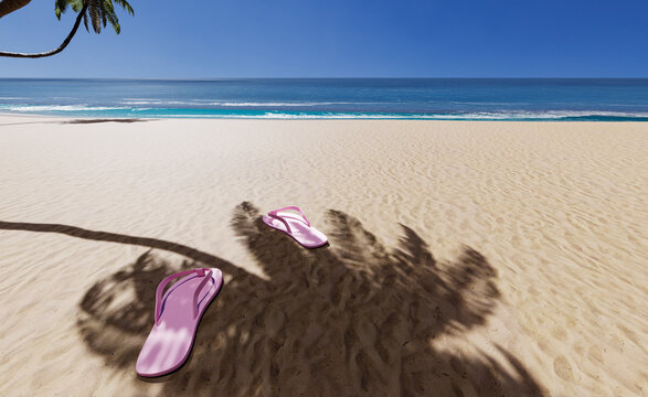 Pink shoes on clean beach in sunny day, 3D illustration rendering 