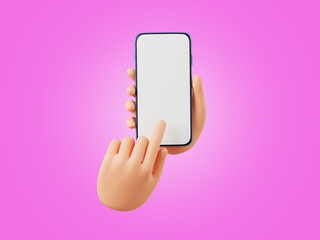 3D cartoon hand using smartphone, on pink background, 3D render illustration