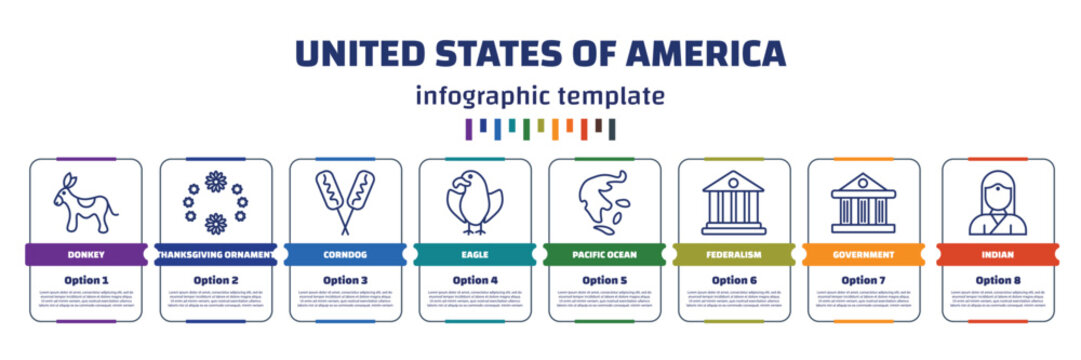 Infographic Template With Icons And 8 Options Or Steps. Infographic For United States Of America Concept. Included Donkey, Thanksgiving Ornament, Corndog, Eagle, Pacific Ocean, Federalism,