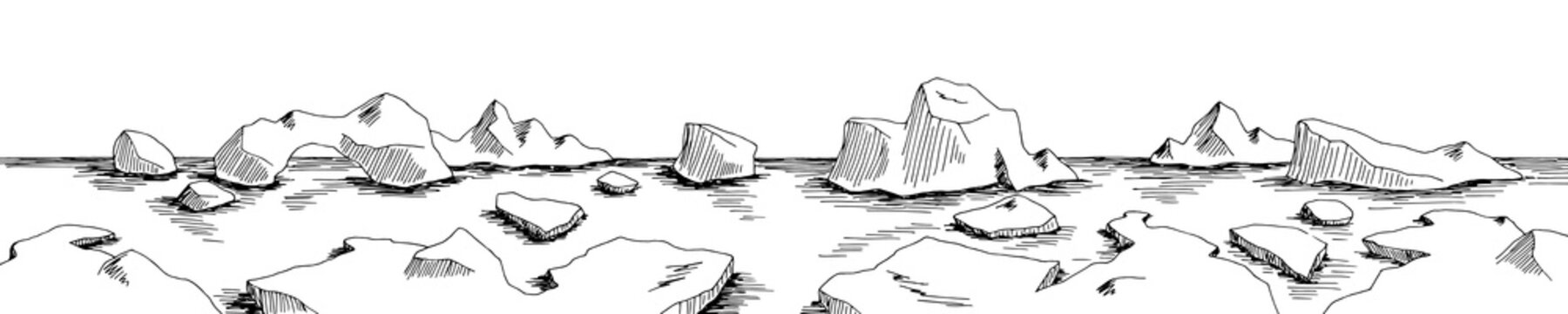 Arctic sea iceberg graphic black white long sketch illustration vector 