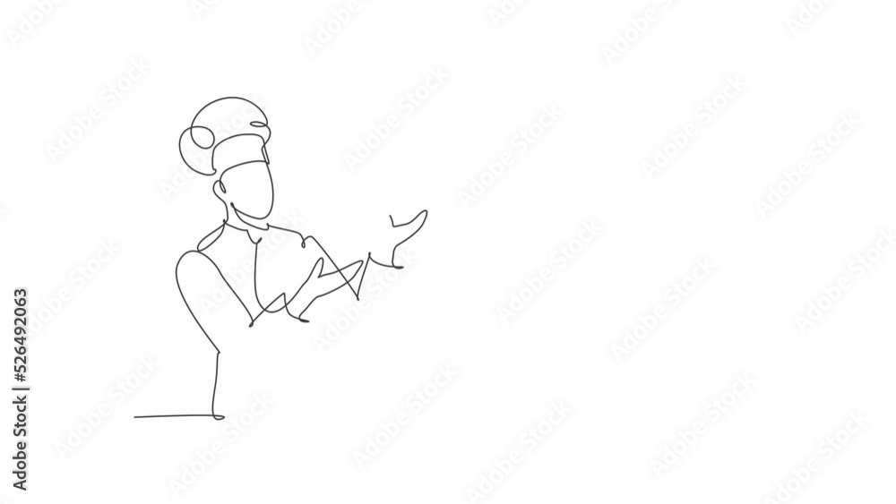 Poster animated self drawing of single continuous line draw young friendly man chef in uniform pose serving