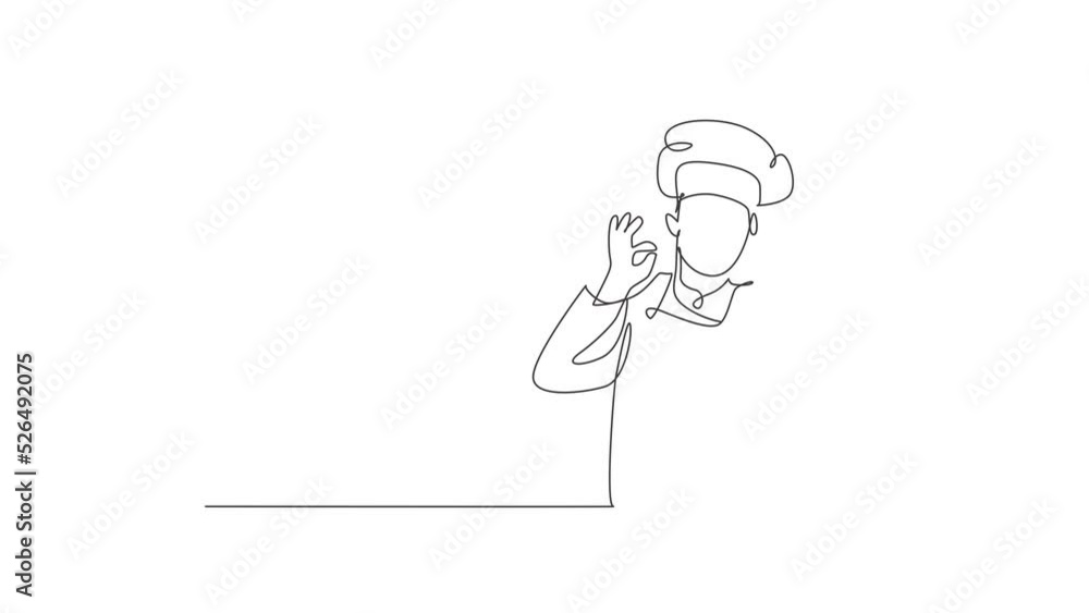 Poster animated self drawing of one continuous line draw young male chef pose casually while giving excelle