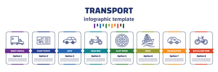 infographic template with icons and 8 options or steps. infographic for transport concept. included heavy vehicle, plane tickets, auto, quad bike, alloy wheel, ferry, recirculation, bicycle side © IconArt