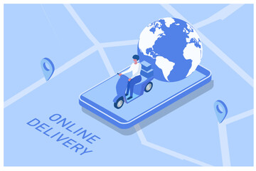 Delivery online concept, delivery man riding motorbike to delivery stuffs for customer with gps navigation on mobile location  vector illustration