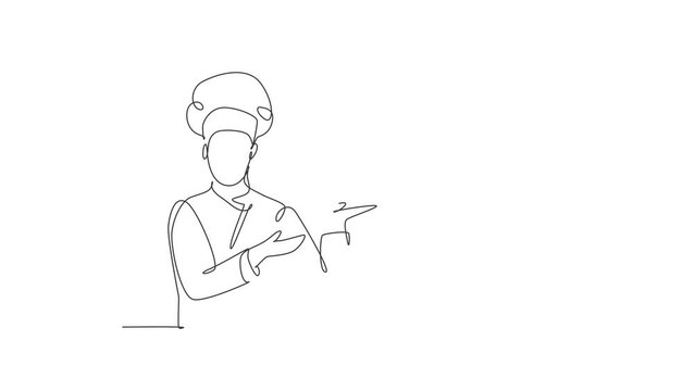 Animated self drawing of continuous one line draw young attractive male chef holding main dish food tray and ready to serve to customer. Good resto service concept. Full length single line animation.