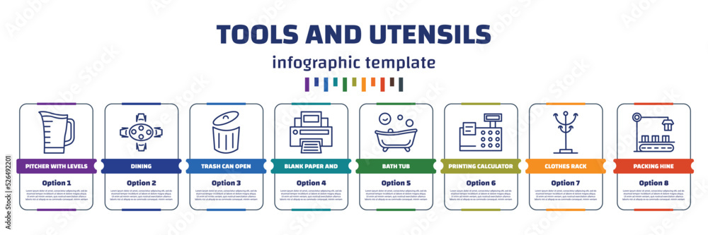 Aufkleber infographic template with icons and 8 options or steps. infographic for tools and utensils concept. 