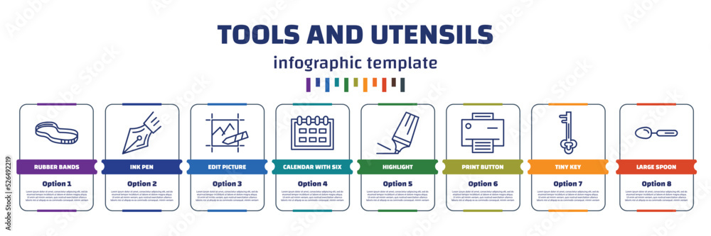 Aufkleber infographic template with icons and 8 options or steps. infographic for tools and utensils concept. 