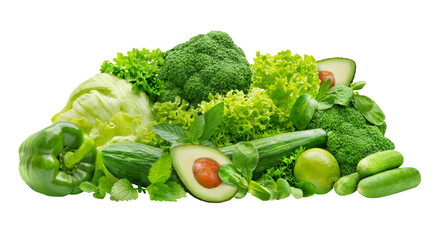 Various green vegetables isolated on white background