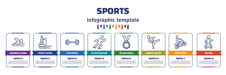 infographic template with icons and 8 options or steps. infographic for sports concept. included swimming figure, fisher fishing, gym weight, ice skating man, golden medal, karate fighter, © IconArt
