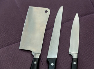 Set of three kitchen knives. Large kitchen knife hatchet for cutting meat
