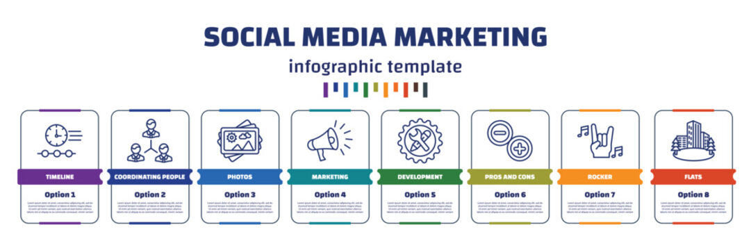 infographic template with icons and 8 options or steps. infographic for social media marketing concept. included timeline, coordinating people, photos, marketing, development, pros and cons, rocker,