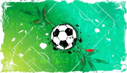 Badezimmer Foto Rückwand abstact background with soccer ball, soccer field, football, grungy frame, paint strokes and splashes, free copy space © Kirsten Hinte