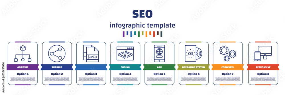 Wall mural infographic template with icons and 8 options or steps. infographic for seo concept. included aorithm, sharing, , coding, app, operating system, cogwheel, responsive icons.