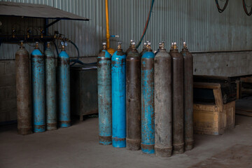 Closeup of Steel Oxygen Cylinder in warehouse