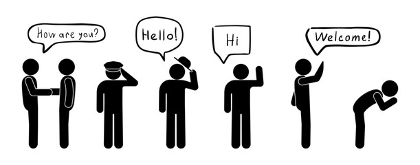 stick figure man hello, greeting bubble set, icon people say hello, hi, welcome © north100