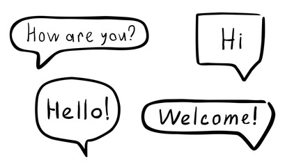 small talk frames, greeting speech bubbles, conversation clouds with hello, chat balloons