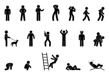 stick figure icon man, isolated pictograms of people, human poses and gestures, stickman standing, sitting, walking