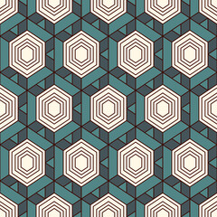 Honeycomb seamless pattern. Hexagon mosaic tiles ornament. Ethnic surface print. Repeated geometric figures background. Ornamental wallpaper. Modern geo design digital paper. Vector abstract work.