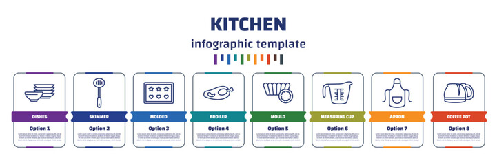 infographic template with icons and 8 options or steps. infographic for kitchen concept. included dishes, skimmer, molded, broiler, mould, measuring cup, apron, coffee pot icons.