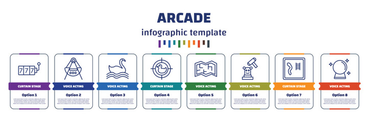 infographic template with icons and 8 options or steps. infographic for arcade concept. included curtain stage, voice acting, voice acting, curtain stage, voice acting, curtain stage, icons.