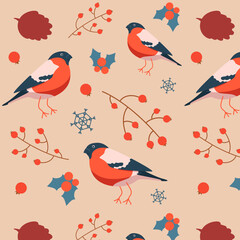 Seamless pattern with bullfinch, rowans and snowflakes. Vector illustration