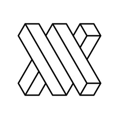 Impossible shape made of rectangles. Two connected triangles. Optical illusion. AV or VV logo template. Esher penrose geometric figure. Visual trick. Vector illustration, 3D, line icon, clip art. 
