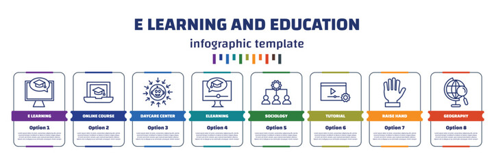 infographic template with icons and 8 options or steps. infographic for e learning and education concept. included e learning, online course, daycare center, elearning, sociology, tutorial, raise