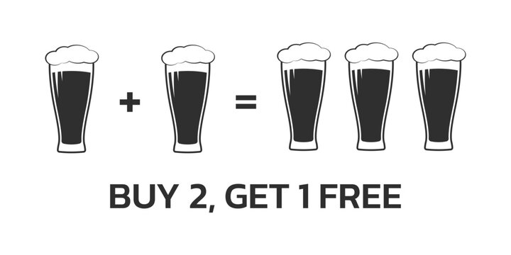 Beer loyalty card design template.  Buy 2 beer glasses and get 1 for free. Bar, pub promotion concept. Vector illustration.