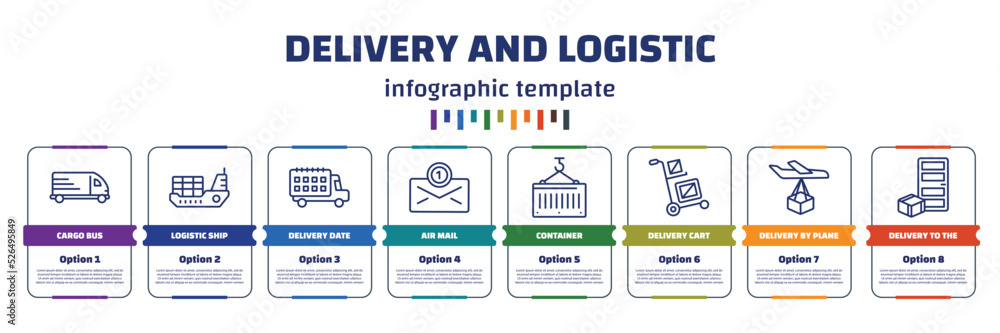 Aufkleber infographic template with icons and 8 options or steps. infographic for delivery and logistic concep