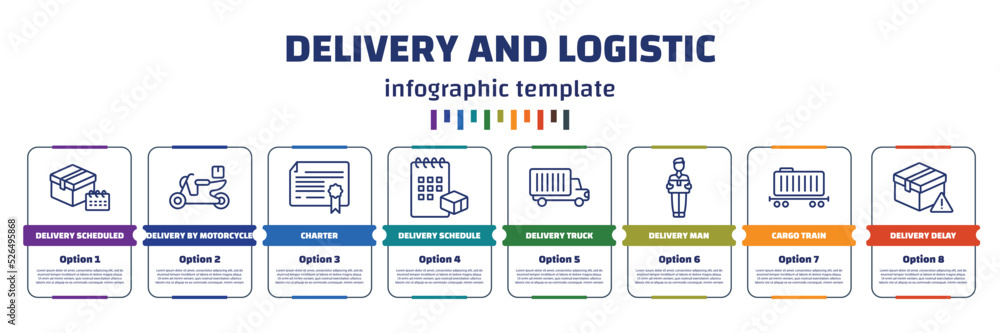 Aufkleber infographic template with icons and 8 options or steps. infographic for delivery and logistic concep