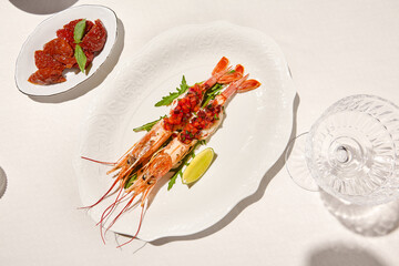 Seafood appetizer - baked langoustines with tomato tartar on white table. Grilled shrimp in italian restaurant menu. Langoustines on white background with shadows. Shrimp appetizer. Baked prawn.