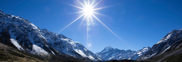 Banner of the sunny path way at Aoraki Mount Cook,New zealand