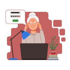 The concept of an elderly person thinking on a laptop. The old woman forgot his password and account login for the web page. Vector illustration in a flat style.