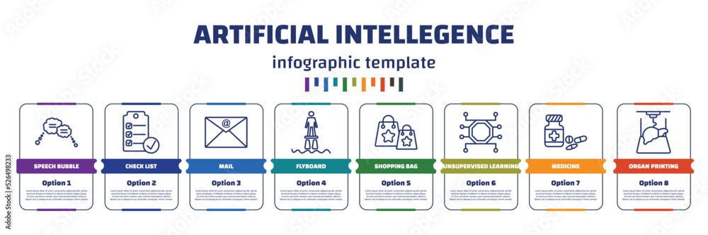 Aufkleber infographic template with icons and 8 options or steps. infographic for artificial intellegence conc