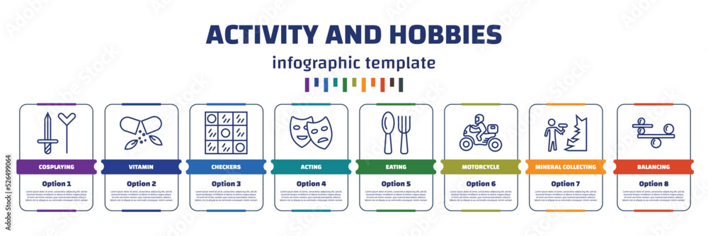 Poster infographic template with icons and 8 options or steps. infographic for activity and hobbies concept