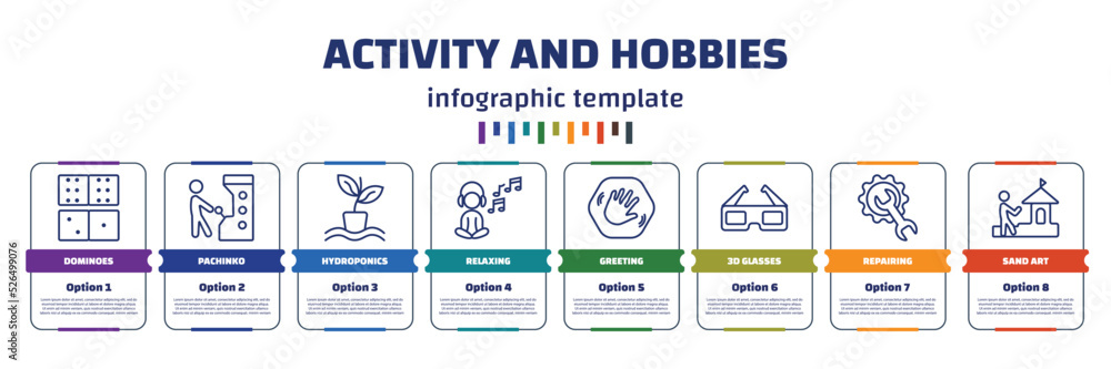 Poster infographic template with icons and 8 options or steps. infographic for activity and hobbies concept