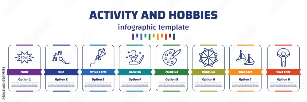 Poster infographic template with icons and 8 options or steps. infographic for activity and hobbies concept