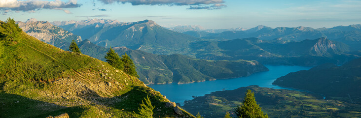 Magnificent panorama of a mountain landscape at an altitude of 2140 m with a sublime view of the...